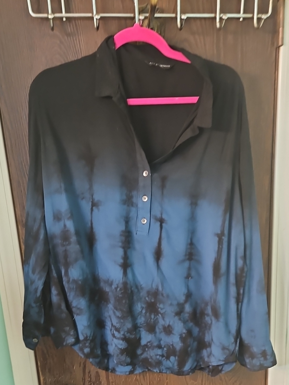 Rock & Republic Black Top with Blue Tie Dye Accent
